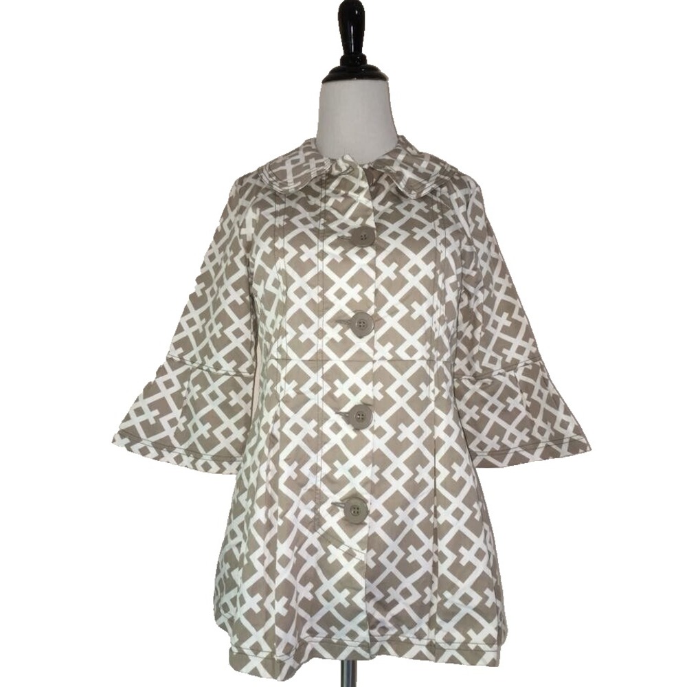New Retro Vintage Print Trench Coat Jacket Women S Gray White Mod Bell Sleeve